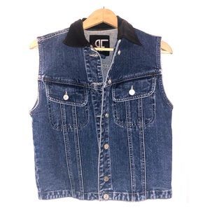 Vintage denim vest with leather collar
